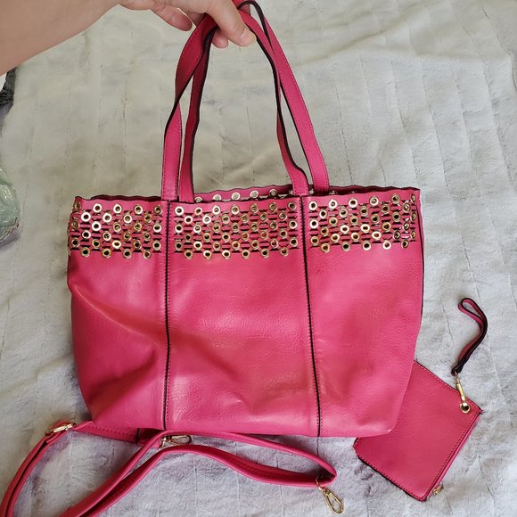 Black Rivet Shoulder Bag/Tote pink faux leather with gold rivets - Picture 2 of 13
